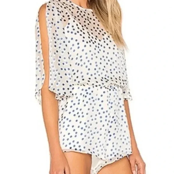 Lovers and Friends Blue and Cream Polka Dot Short Pants Romper - Picture 3 of 11